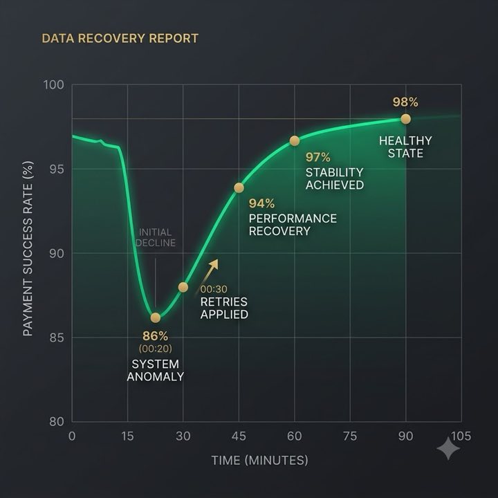 A chart tracking payment success rate dipping during an anomaly then recovering to a healthy state after retries