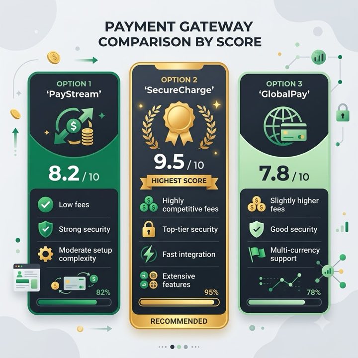 An infographic comparing three payment gateway options side by side with an overall score for each