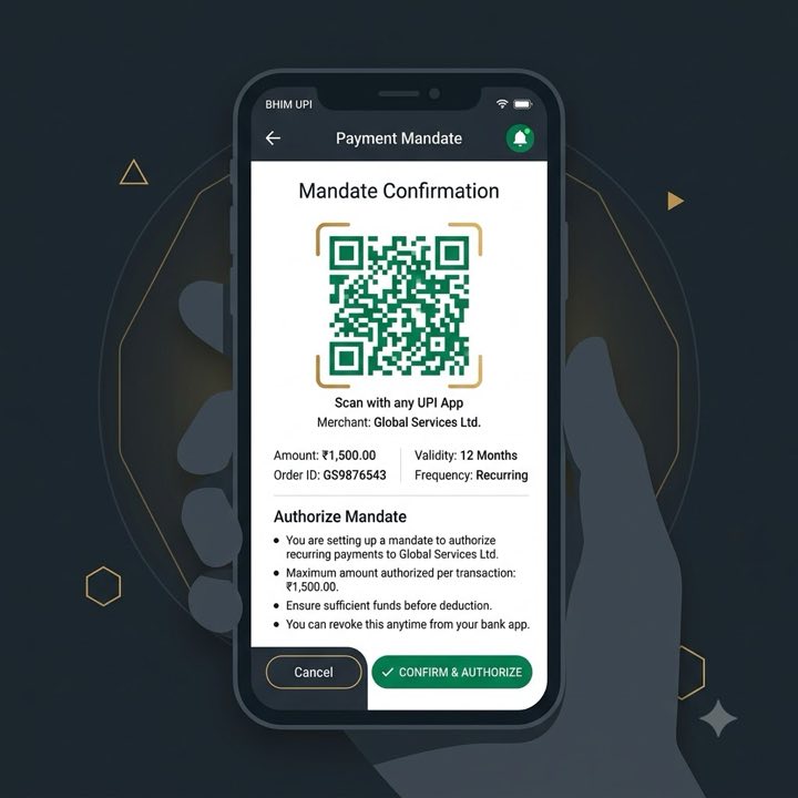 A phone showing a UPI mandate confirmation screen with a QR code, amount, validity and authorisation terms